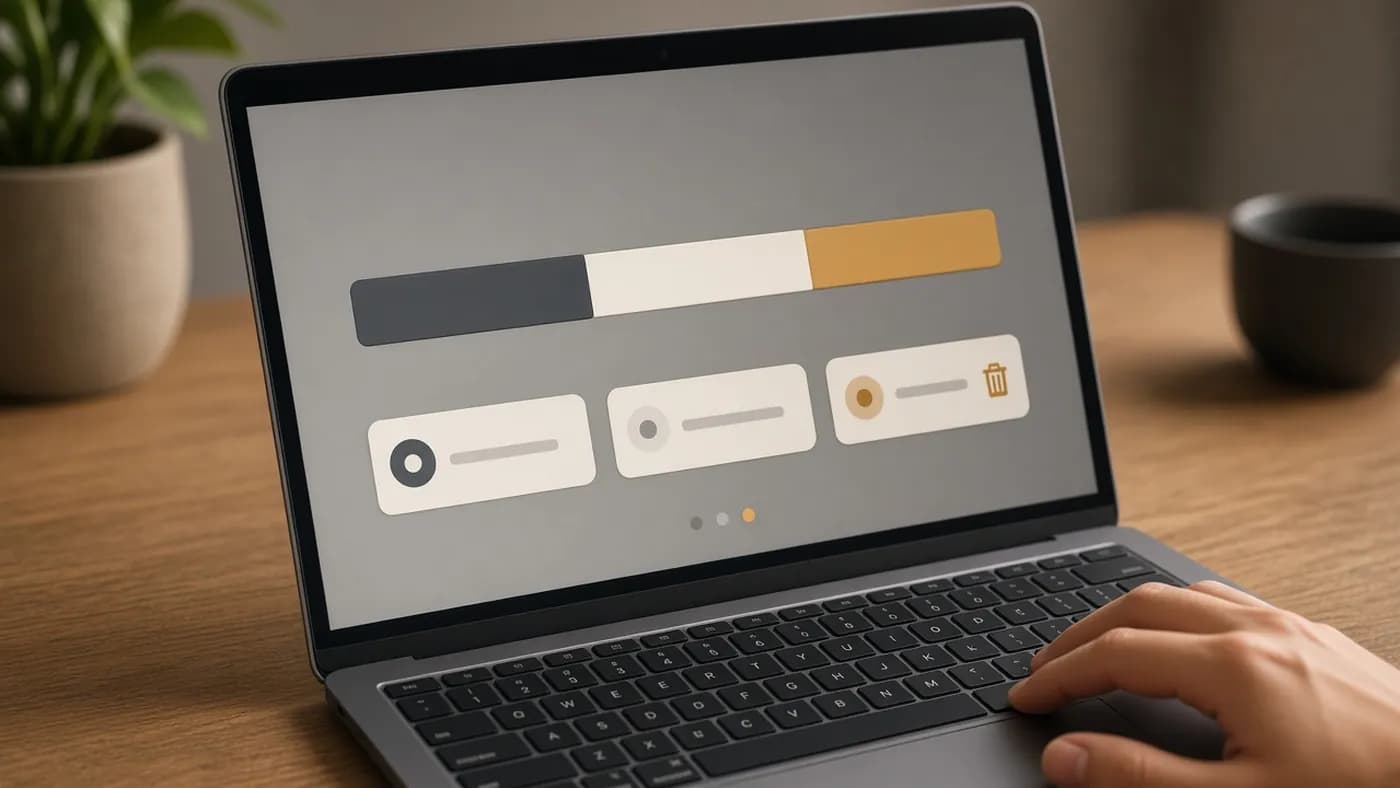 A laptop screen showing an abstract segmented storage bar in slate, off-white and amber above cleanup cards with a trash icon