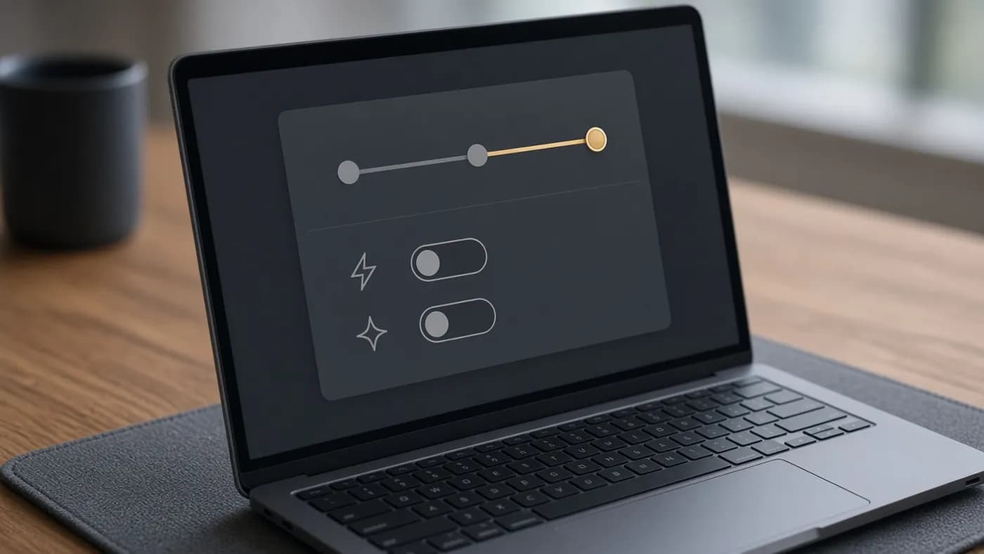 A laptop screen showing an abstract settings panel with a slider pushed to its highest position and two toggle switches turned off