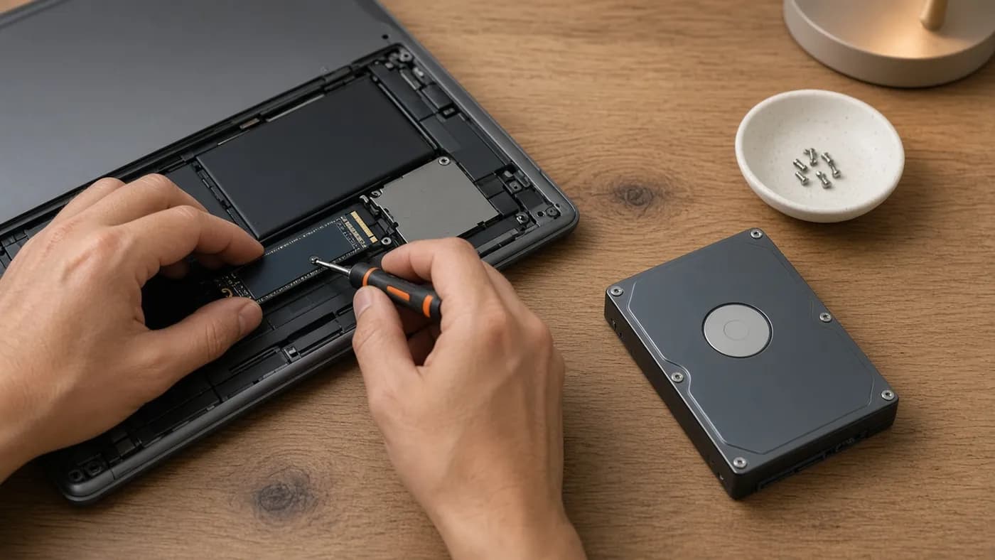 Hands using a small screwdriver to install a blank M.2 SSD into an open laptop, with an old hard drive lying beside it