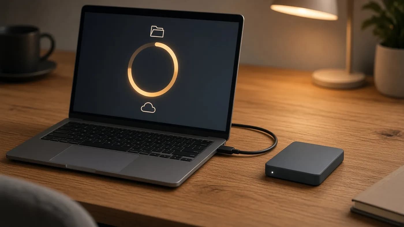 A laptop connected to a compact external drive, its screen showing an amber circular progress ring with folder and cloud icons