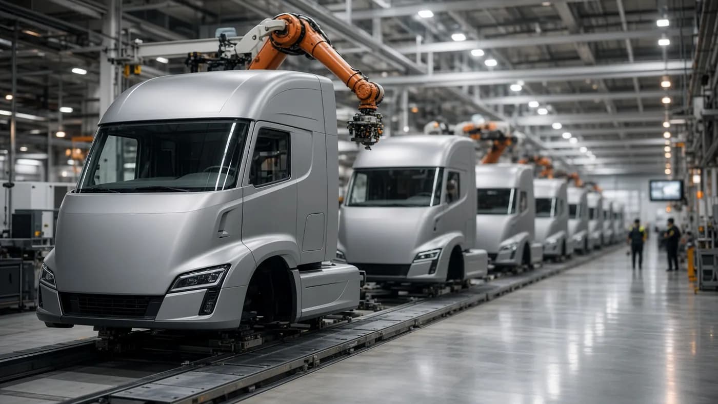 Rows of unpainted aerodynamic electric truck cabs moving along an assembly line with robotic arms overhead