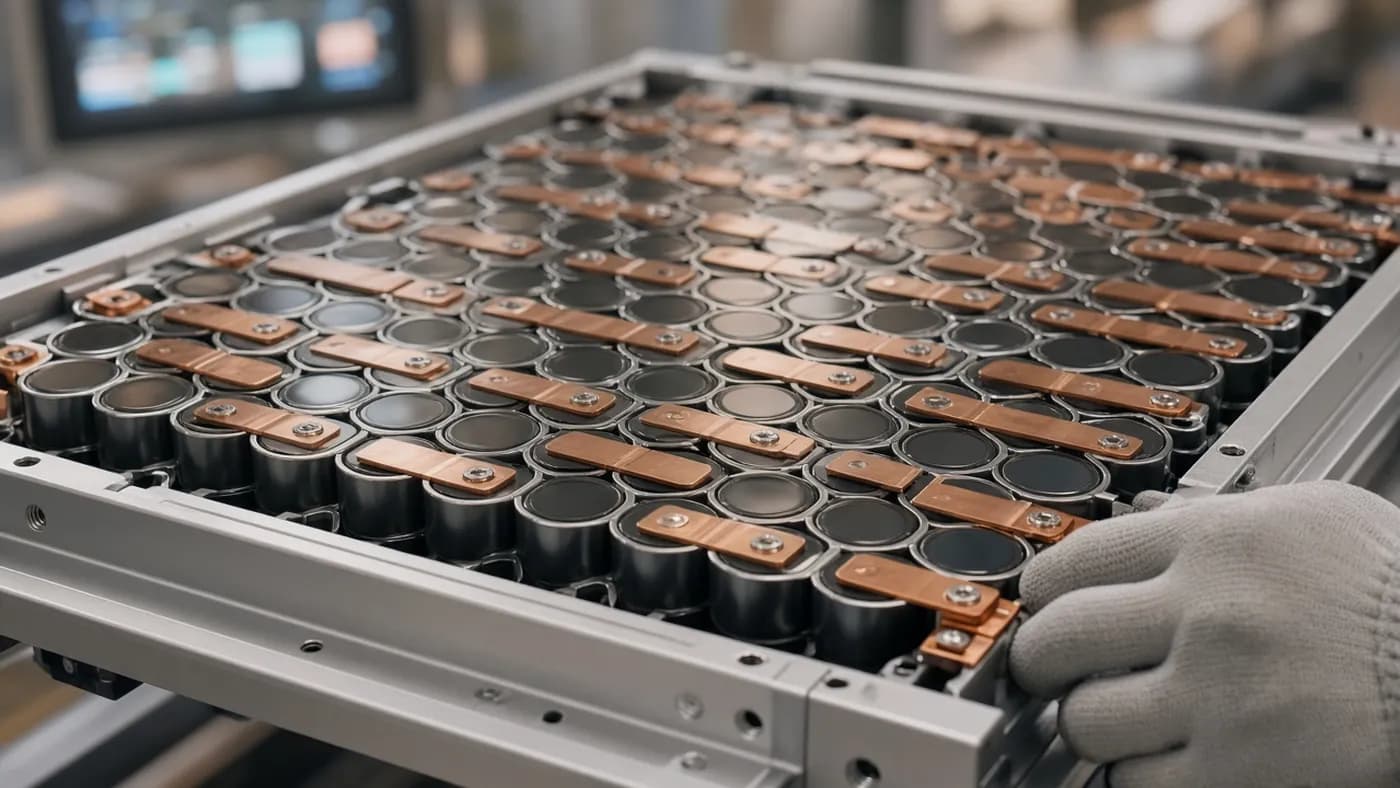 Close-up of a large battery module filled with cylindrical cells and copper busbars, with a gloved hand at the edge