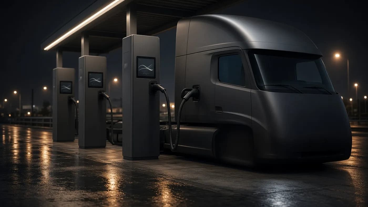 An electric semi truck plugged into a row of tall megawatt charging posts under a canopy at night