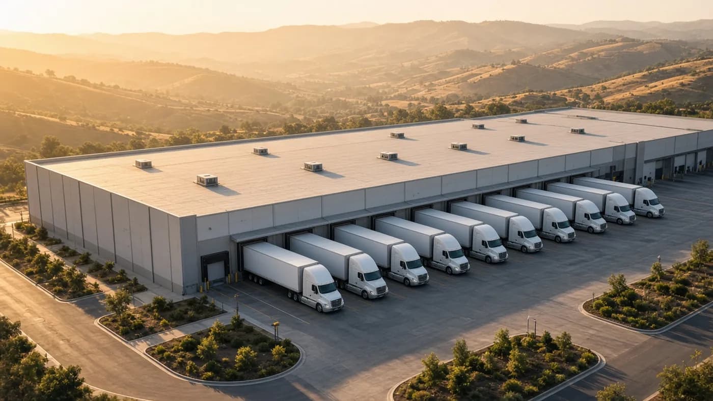 Aerial view of a distribution center at golden hour with a row of white electric semi trucks backed up to loading docks