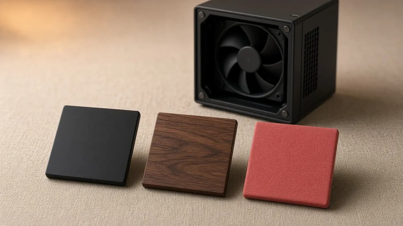 Three interchangeable square faceplates in matte black, dark walnut wood, and red fabric laid in front of a black cube PC