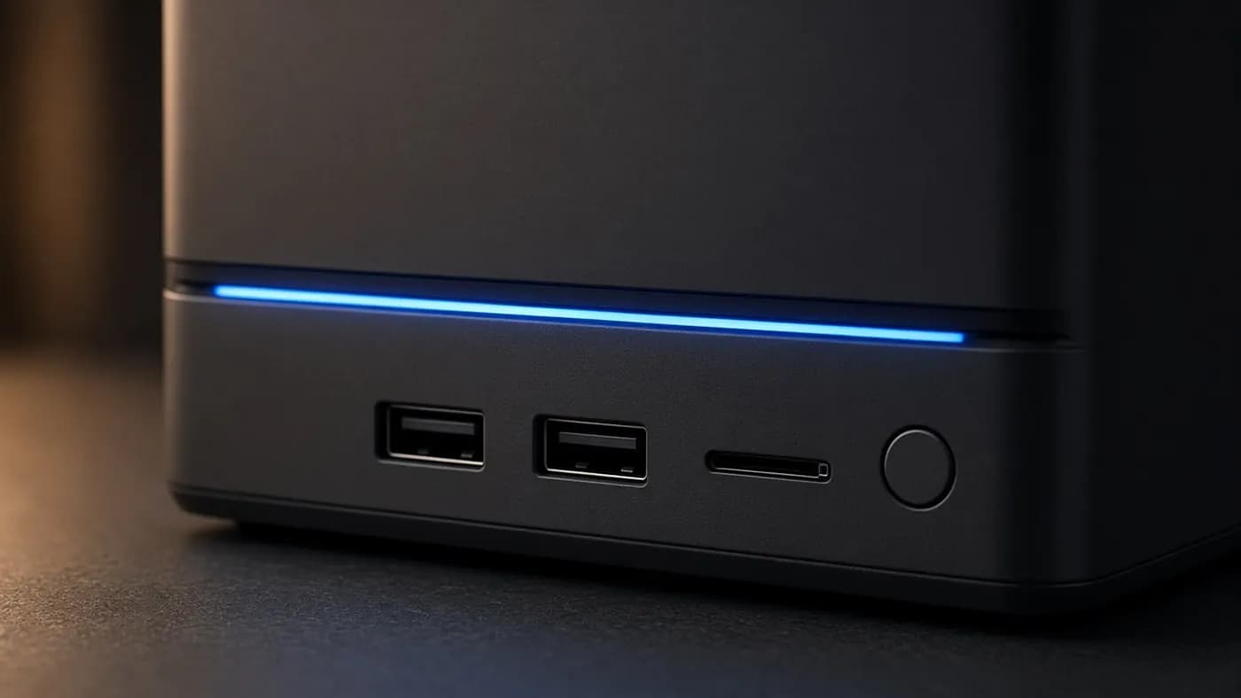 Close-up of the lower front of a black cube PC showing two USB-A ports, a microSD slot, and a round power button beneath a blue LED strip