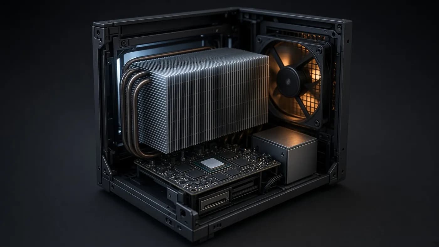 Concept cutaway of a compact PC showing a large aluminum heatsink, heat pipes, a single rear fan, and a small motherboard
