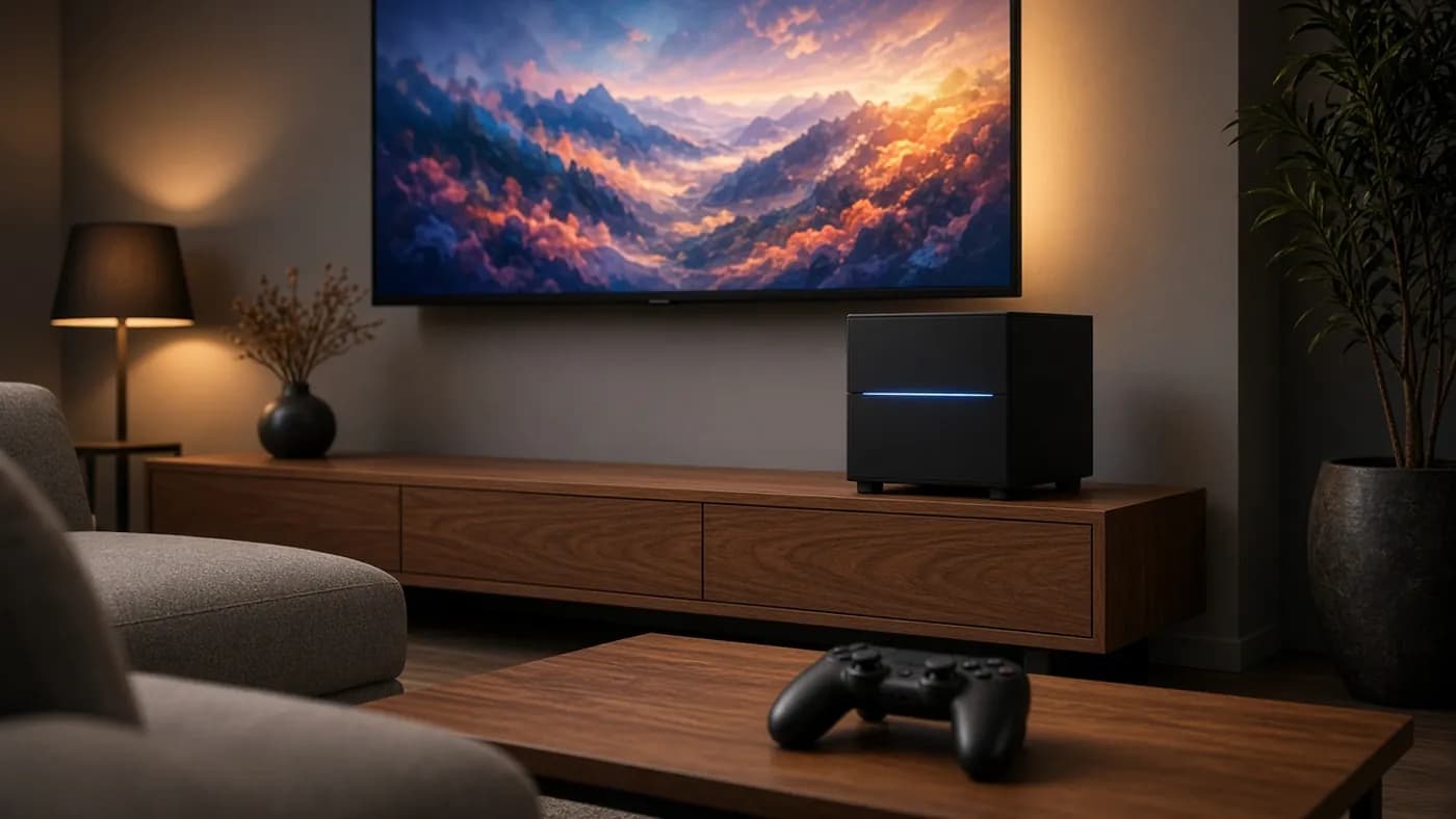 A black cube PC with a blue light strip on a walnut media console under a large TV in a warmly lit living room, with a gamepad on the coffee table