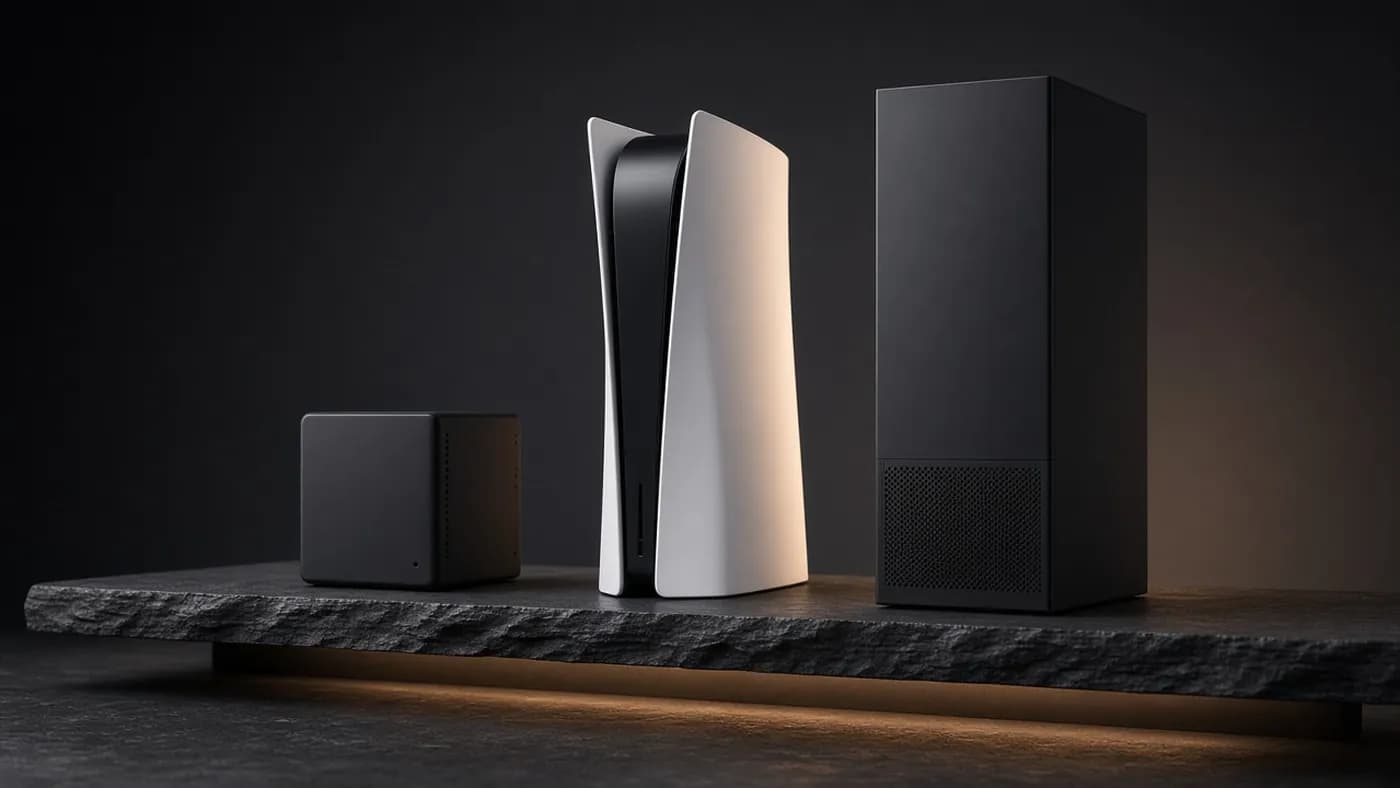 A small black cube PC beside a much taller white curved console and a tall black tower console on a slate shelf