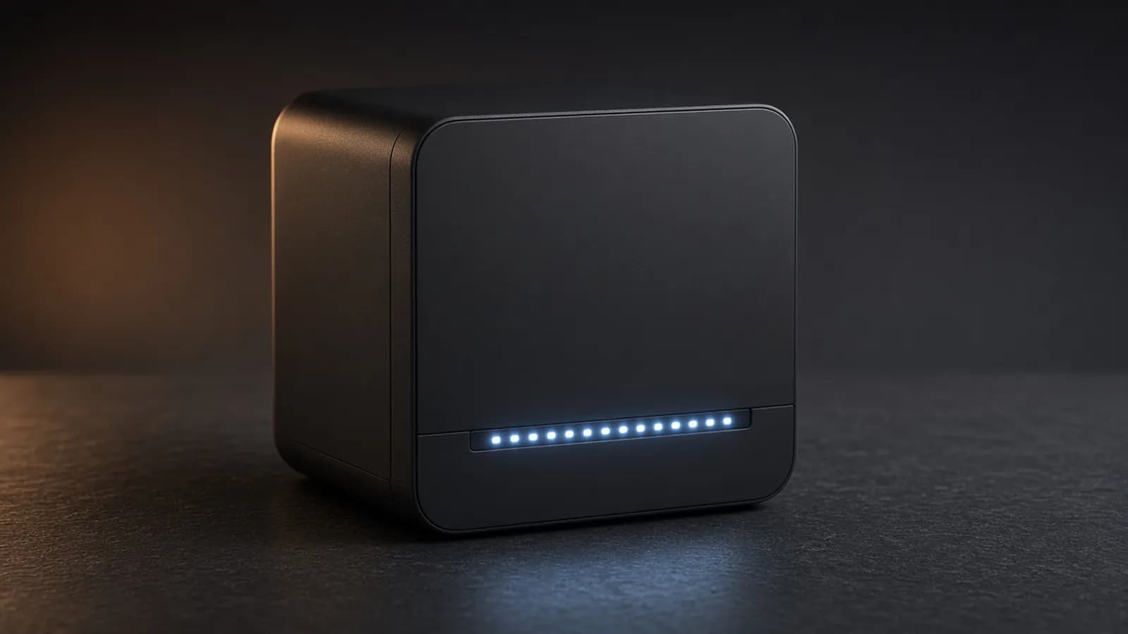 A compact matte black cube gaming PC with a glowing blue LED strip across its front, sitting on a dark slate surface