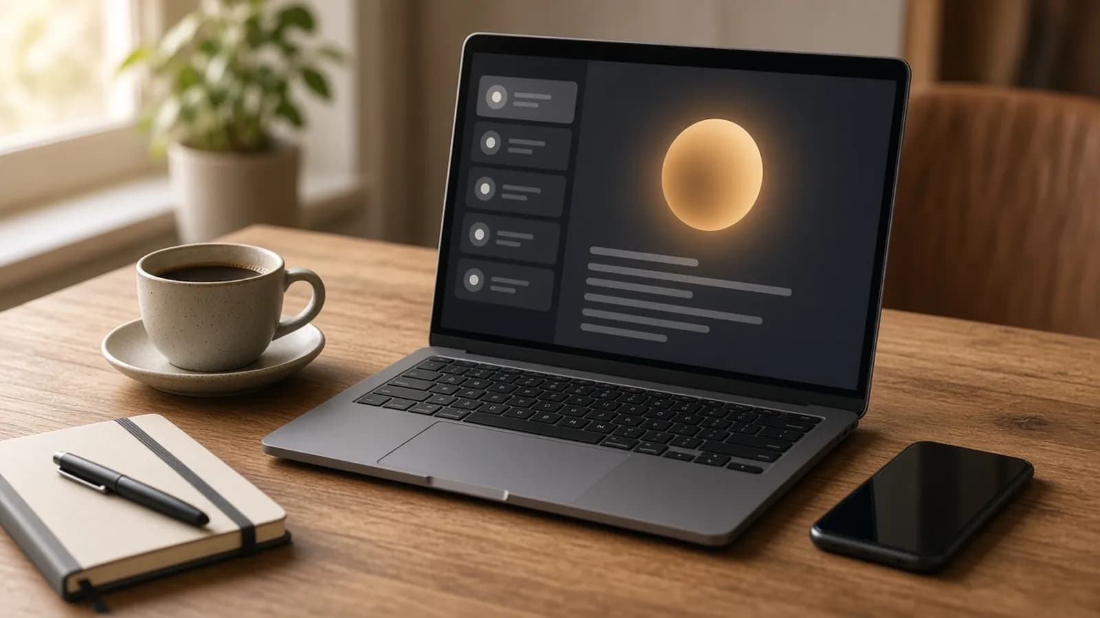 Laptop and smartphone on a warm oak desk in morning light, the laptop showing an abstract AI assistant side panel with a honey-amber icon