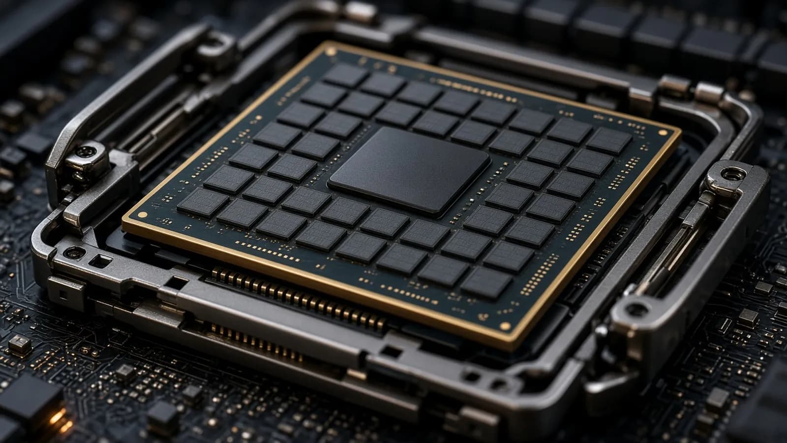 Macro close-up of a large unbranded server processor with a grid of small compute chiplets around a central die, seated in an open socket with its metal retention frame