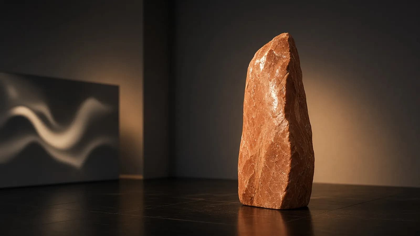 A polished terracotta-toned stone monolith standing on a dark reflective floor in a minimalist gallery under warm light