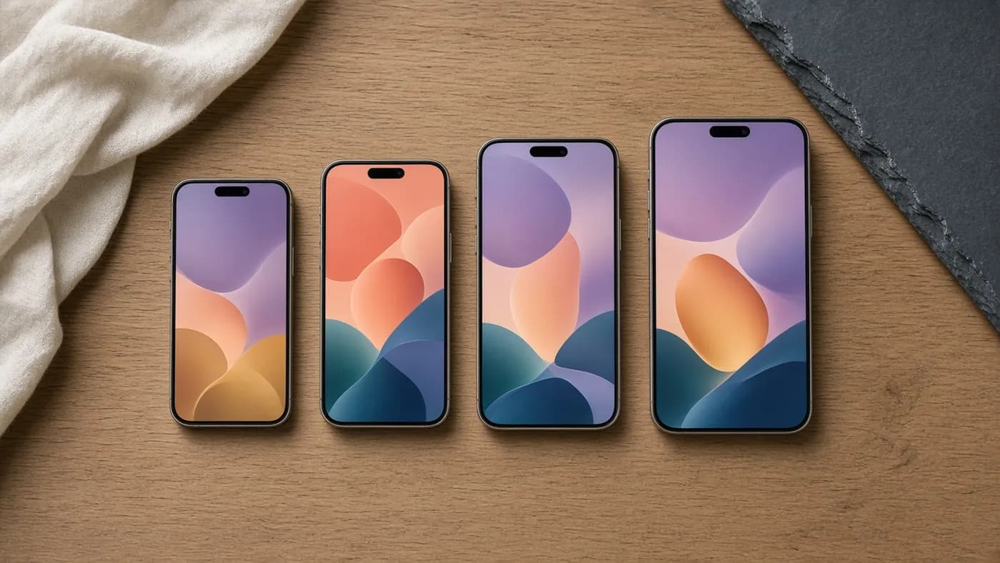 Four smartphones of increasing size laid out in a row on a wooden surface, screens showing abstract colorful wallpapers
