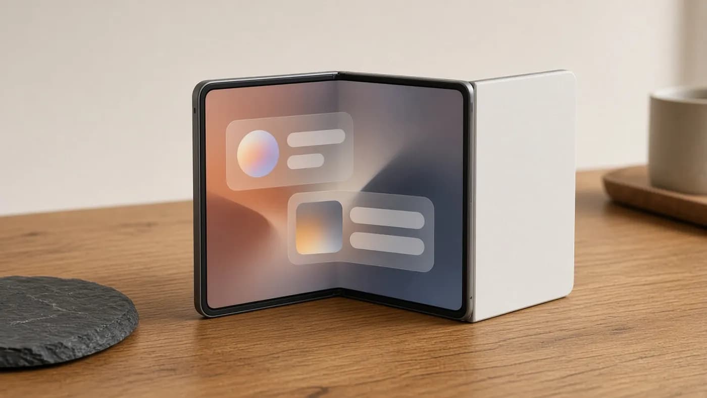 A foldable smartphone standing half-open on a wooden desk, its inner screen showing a soft gradient with rounded widget cards