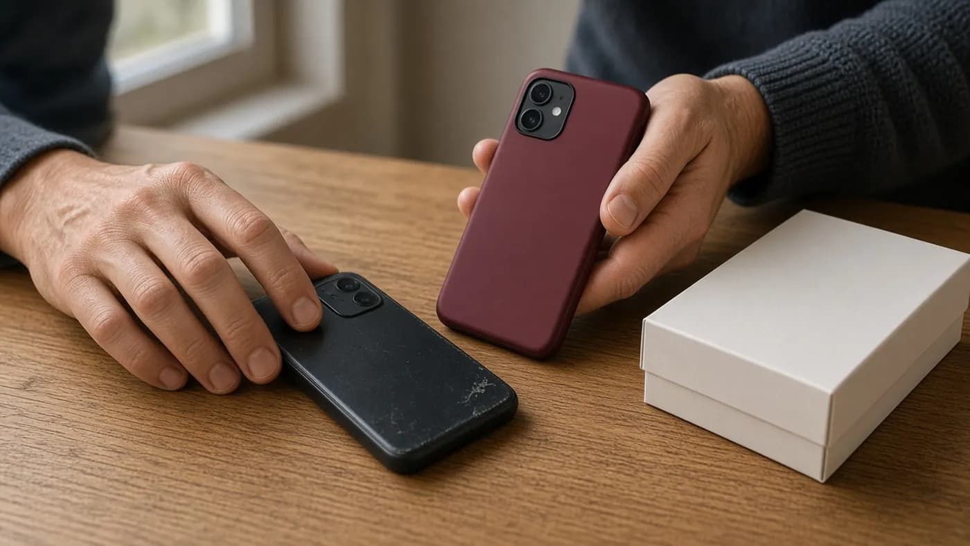 One hand holding a new burgundy smartphone while the other rests on an older scuffed black phone beside a plain white box on a wooden table