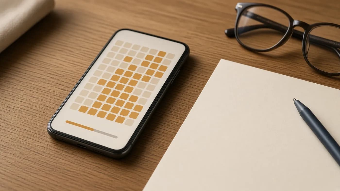A smartphone on a wooden desk showing an abstract calendar grid with many squares filled in amber and a progress bar, beside blank paper, a pen and glasses