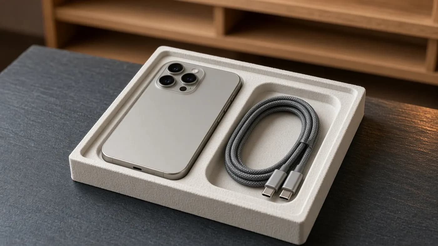 A silver smartphone resting in a plain off-white box insert beside a coiled braided USB-C cable on a slate surface