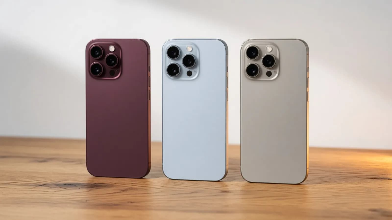Three premium smartphones in burgundy, pale blue and silver finishes standing upright in a row on a warm oak table against an off-white backdrop