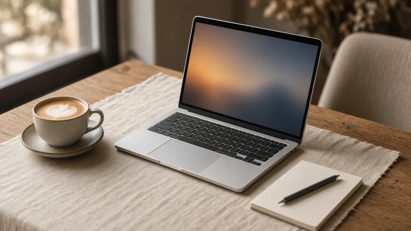A thin unbranded silver laptop half open on a linen-covered oak cafe table beside a cappuccino and a notebook