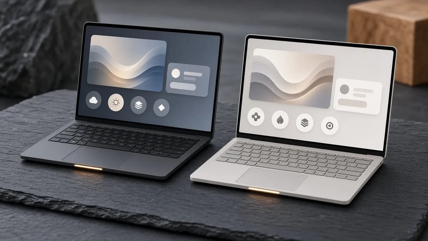 Two slim unbranded laptops, one graphite and one silver, side by side on a slate surface with abstract icons and cards on their screens