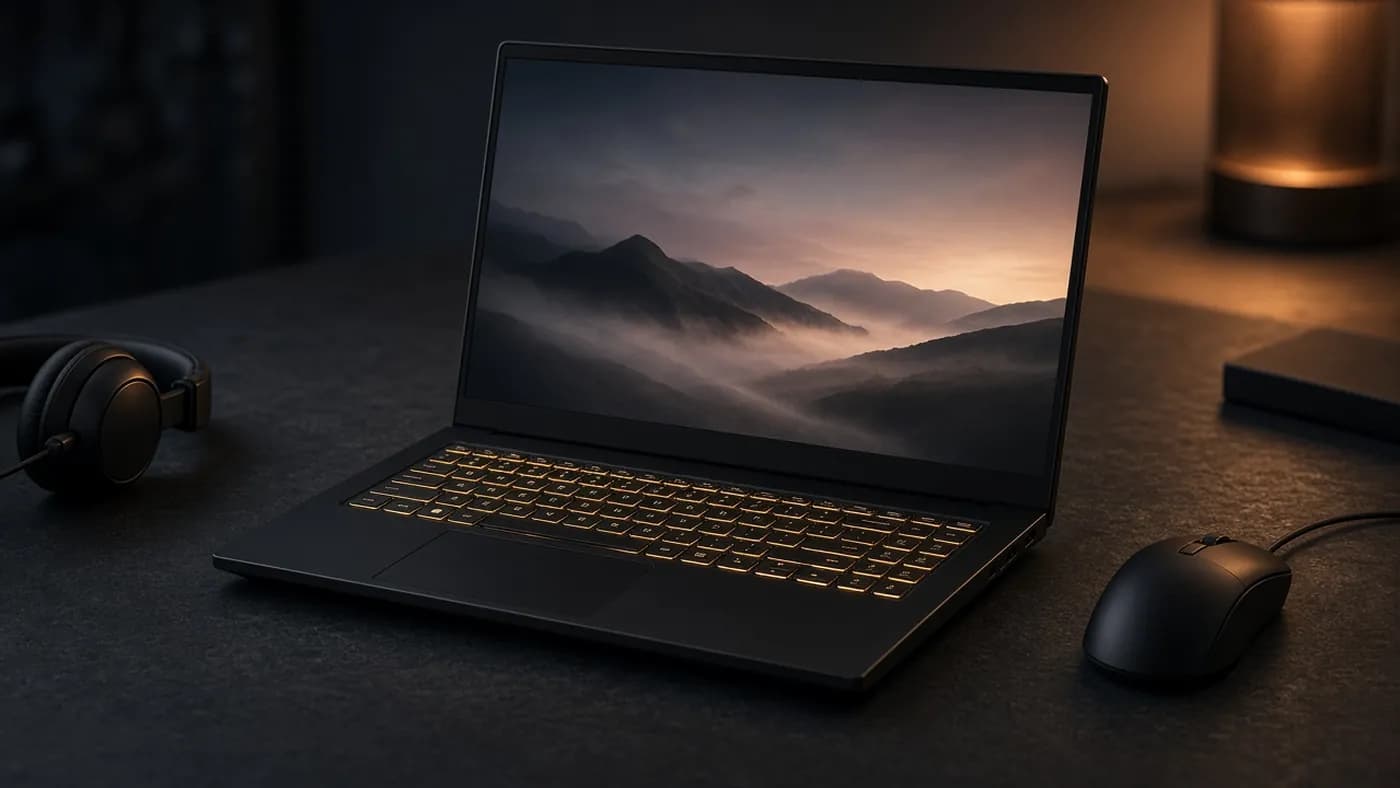 A black unbranded gaming laptop with a warm amber-backlit keyboard on a dark slate desk, showing a misty mountain landscape, with headphones and a mouse nearby