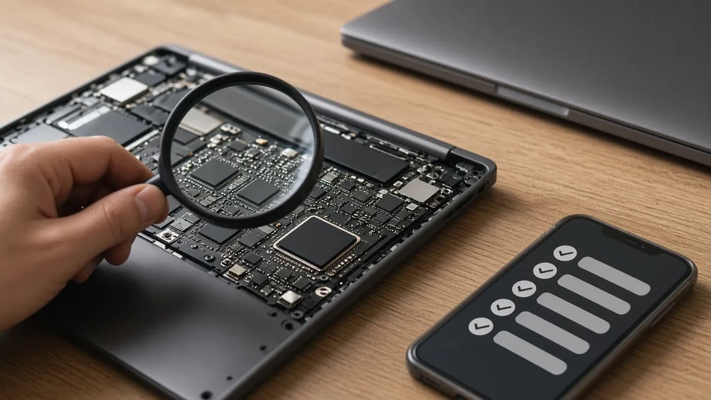 A hand holding a magnifying glass over an open laptop's circuit board with soldered memory chips, beside a phone showing an abstract checklist