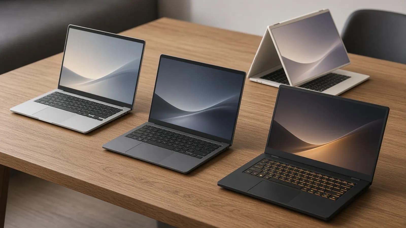 Four unbranded laptops on a warm oak table: a silver ultraportable, a graphite clamshell, a white 2-in-1 in tent mode and a black gaming laptop with an amber-lit keyboard