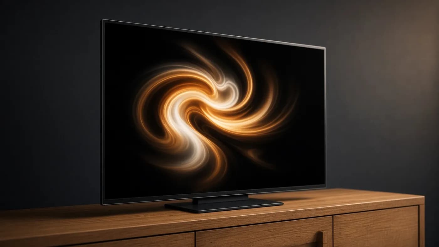 Side profile of an ultra-thin unbranded OLED TV on a pedestal stand, its screen showing an amber light swirl on black