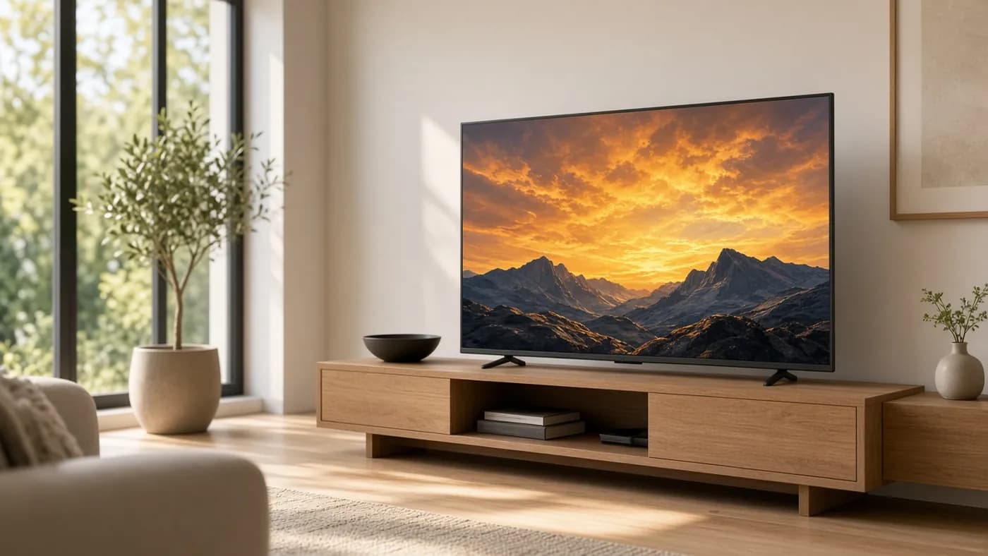 Bright unbranded Mini-LED TV in a sunlit living room, its screen showing a vivid amber sky over mountains