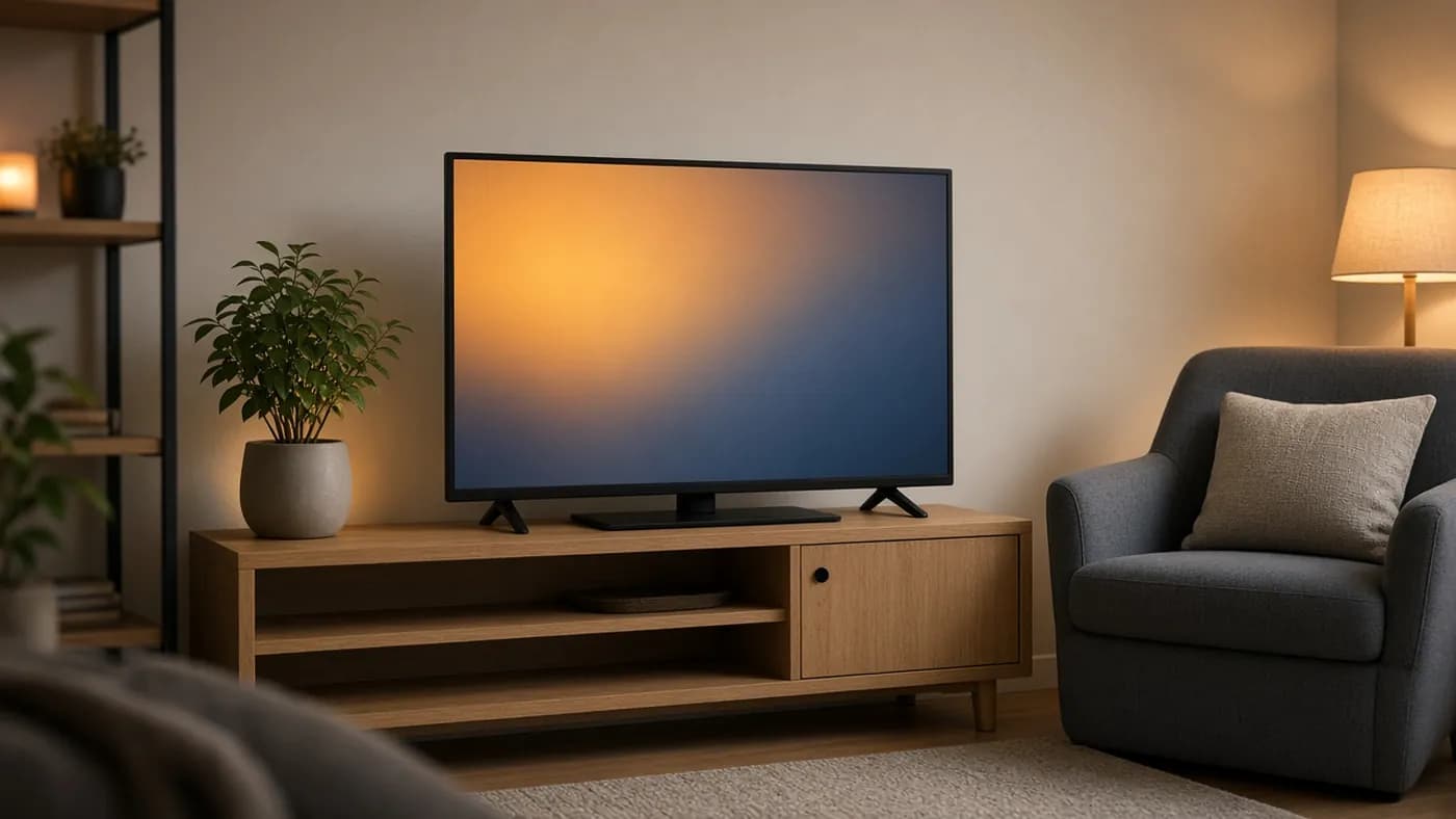 Modest unbranded 4K TV on a light oak stand in a cozy apartment den beside an armchair and plant