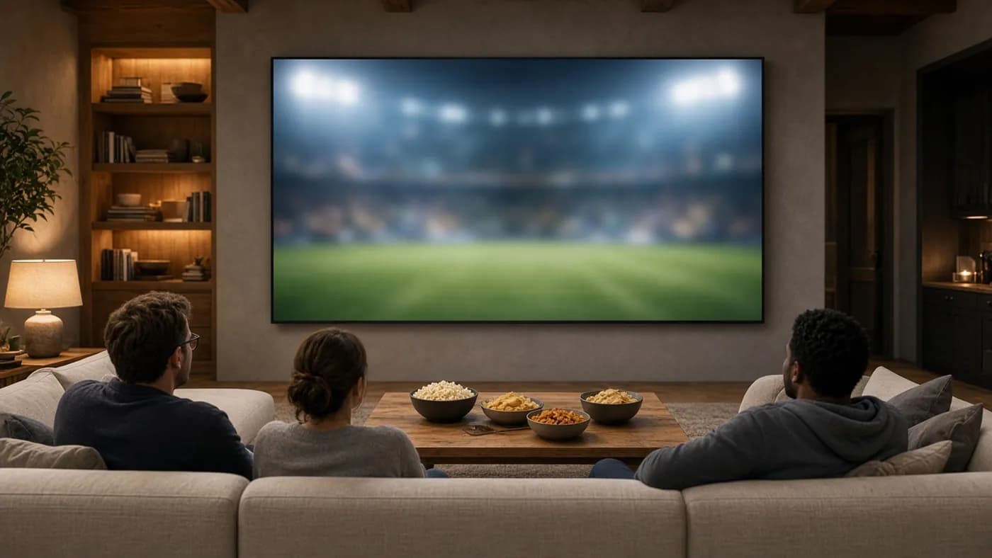 Friends on an off-white sectional watching a floodlit sports field on a very large unbranded TV in a warm den