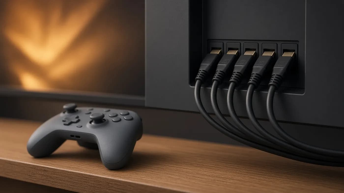 Game controller on an oak console beside a TV input panel with several HDMI cables plugged in