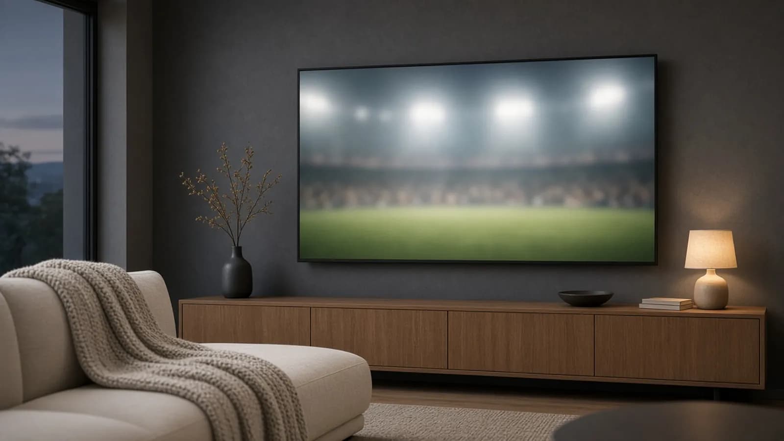 Large unbranded flat-screen TV on a slate wall above an oak console, showing a blurred floodlit stadium scene at dusk