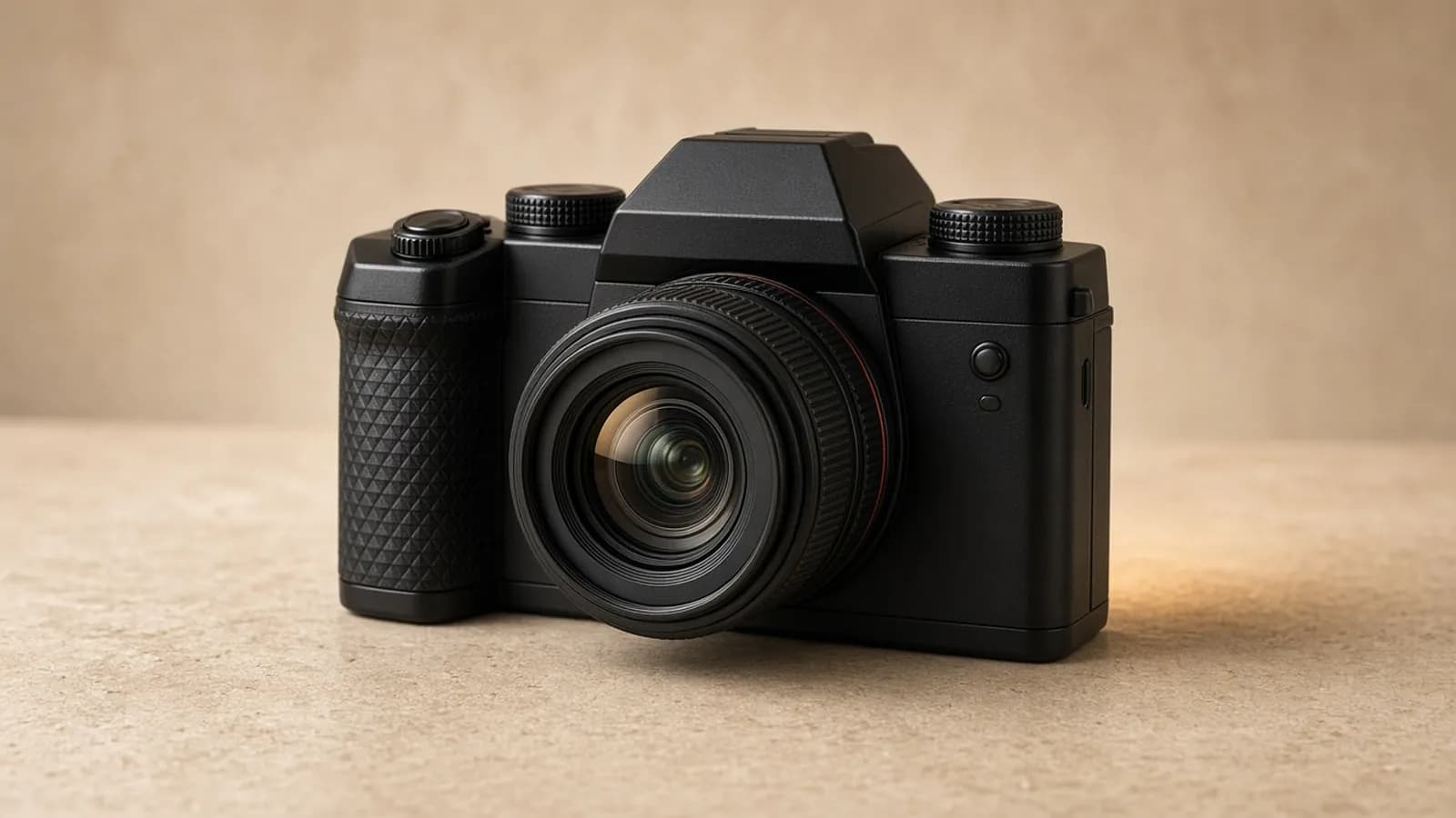 Compact black full-frame mirrorless camera with an angular faceted viewfinder hump and textured grip on a beige stone surface