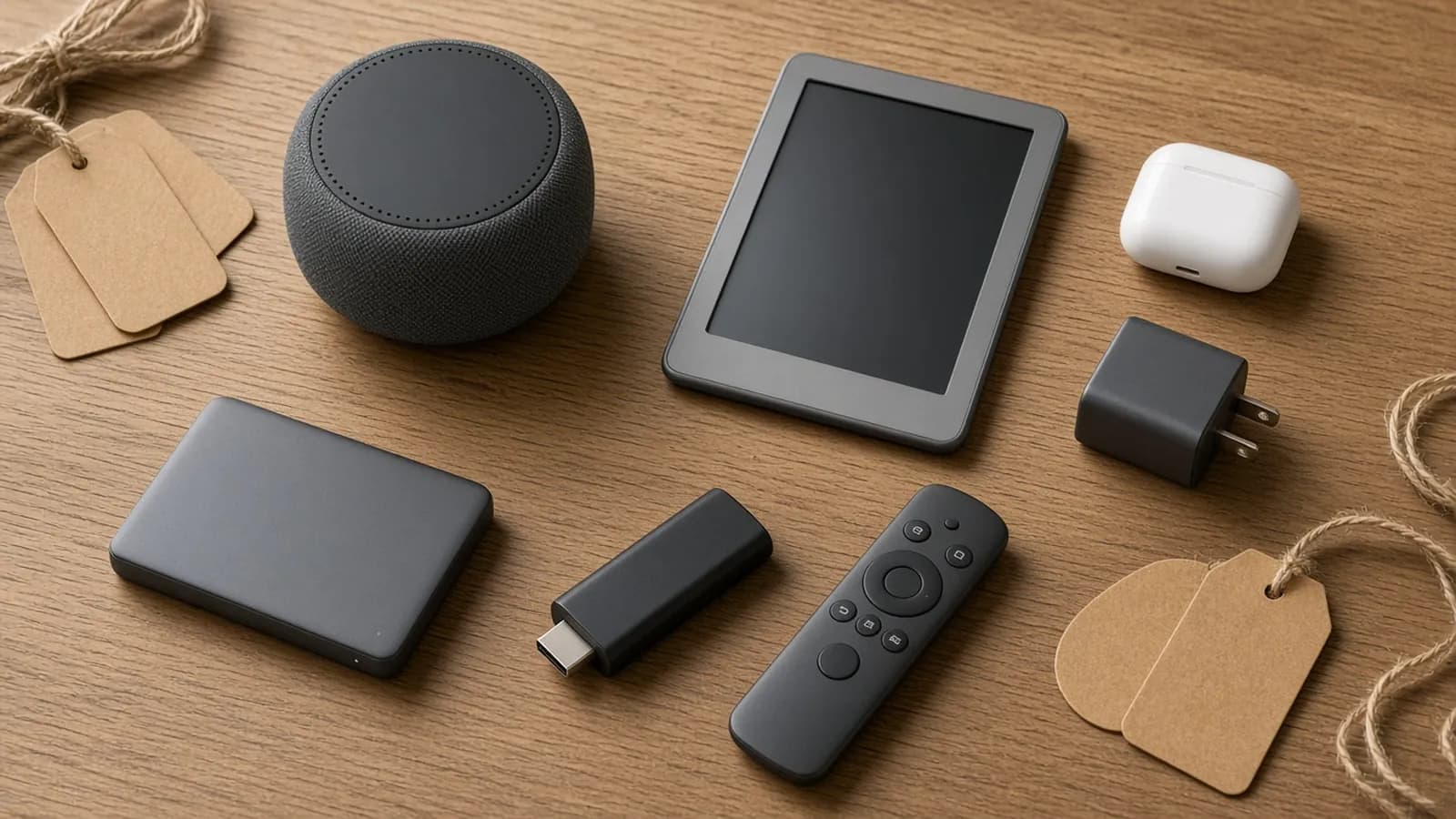 Flat lay of unbranded tech gadgets on an oak table, including a smart speaker, e-reader, streaming stick, earbuds case, portable SSD and charger, with kraft gift tags