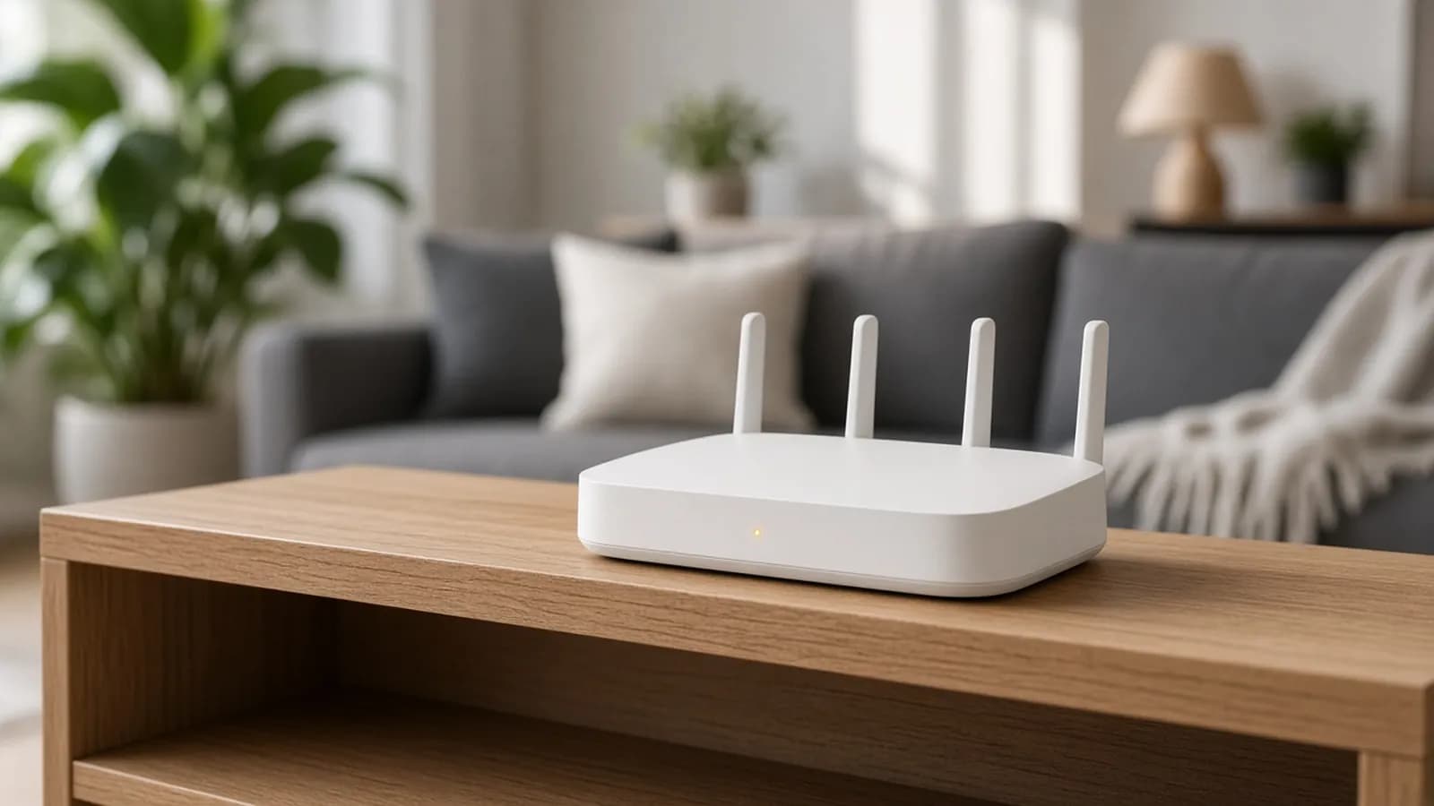 A white home Wi-Fi router with four antennas on an open oak shelf in a bright living room, with a sofa and plants softly blurred behind it