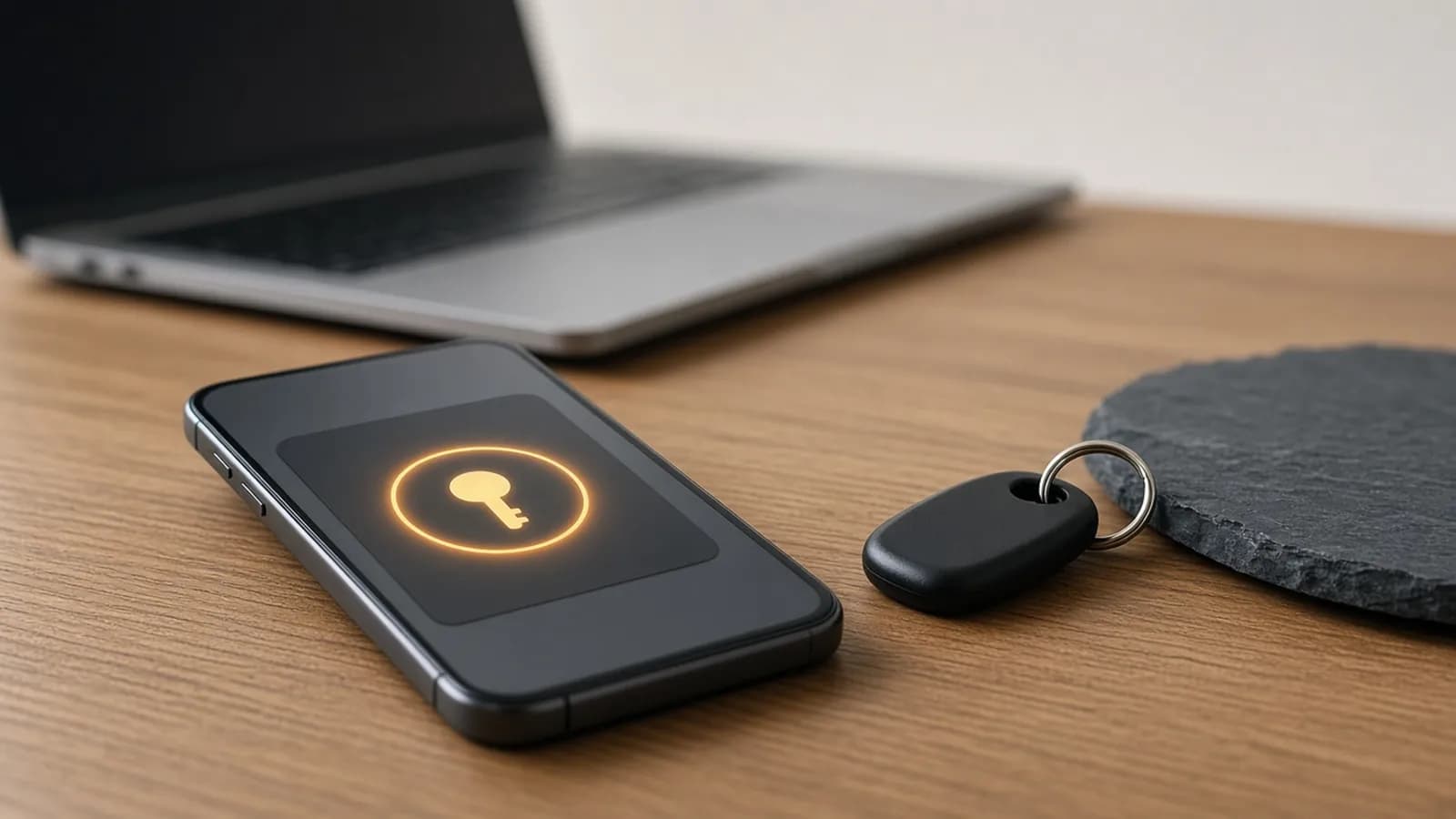 A smartphone on a wooden desk showing a glowing key icon, next to a small black hardware security key on a keyring and a laptop in the background