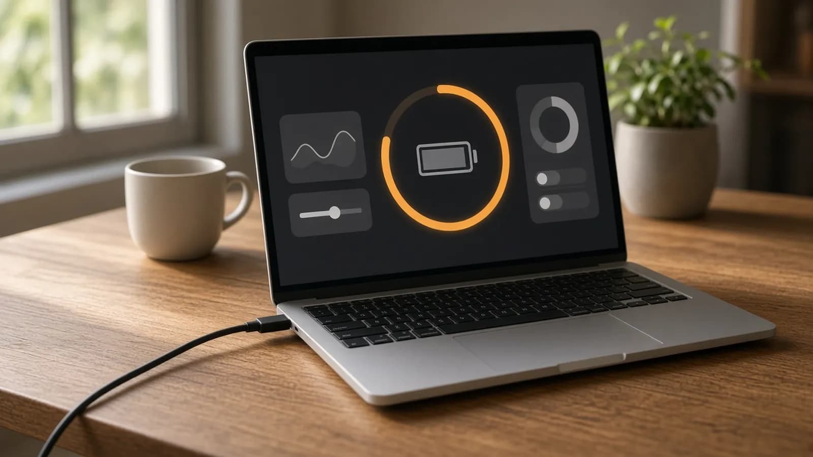 An open silver laptop on an oak desk, plugged in by USB-C, showing an abstract battery health screen with an amber ring about four-fifths full