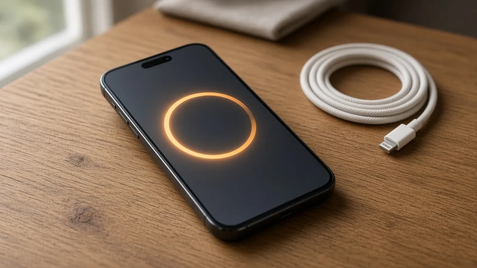 Smartphone on a warm oak desk beside a coiled charging cable, its screen showing a glowing amber battery ring