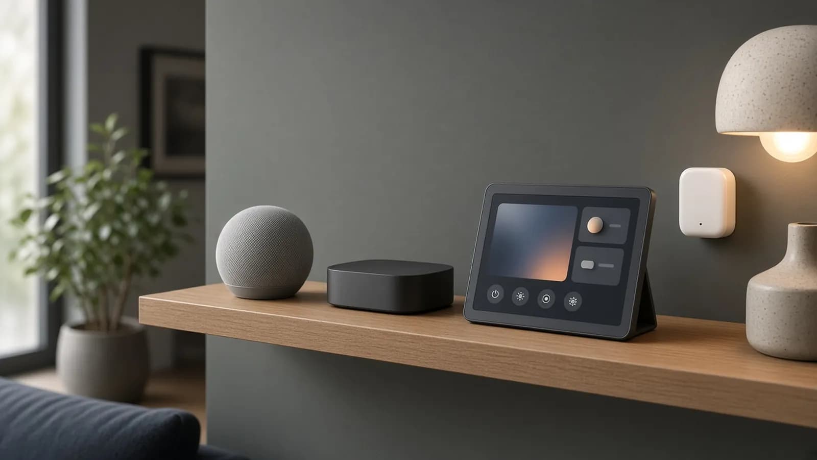 An oak shelf in a softly lit living room holding a round smart speaker, a compact streaming box and a small smart display, with a smart bulb glowing in a lamp