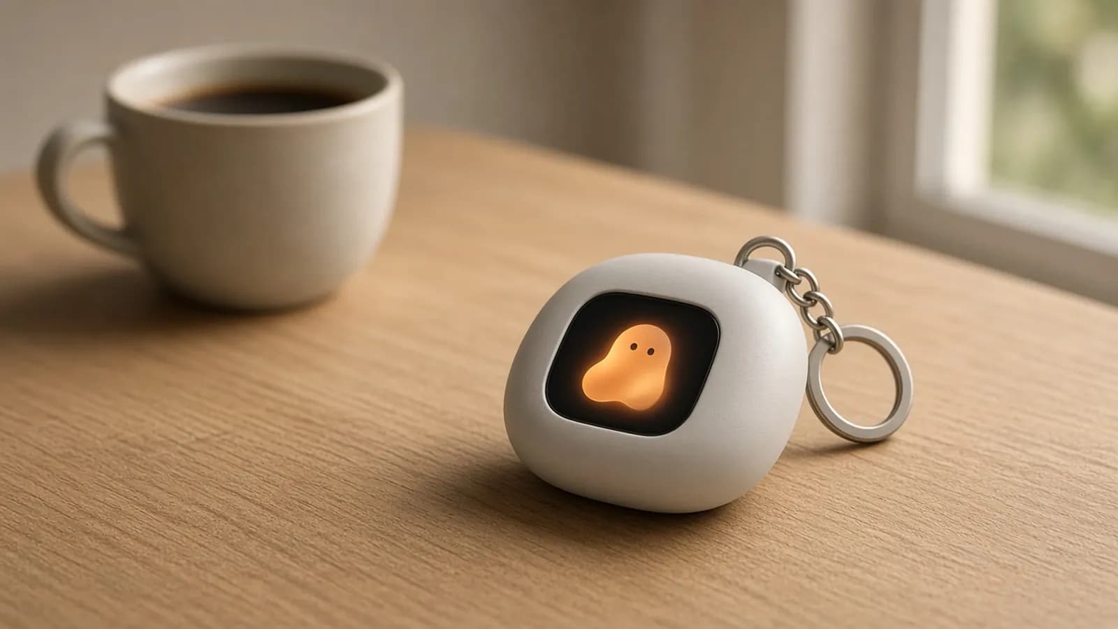 A small rounded pocket AI gadget on a keyring with a tiny glowing screen, resting on a wooden table beside a coffee cup