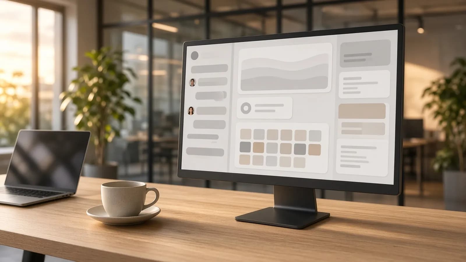 A desktop monitor on an oak desk showing an abstract three-panel app layout, with a laptop and coffee cup in a sunlit office