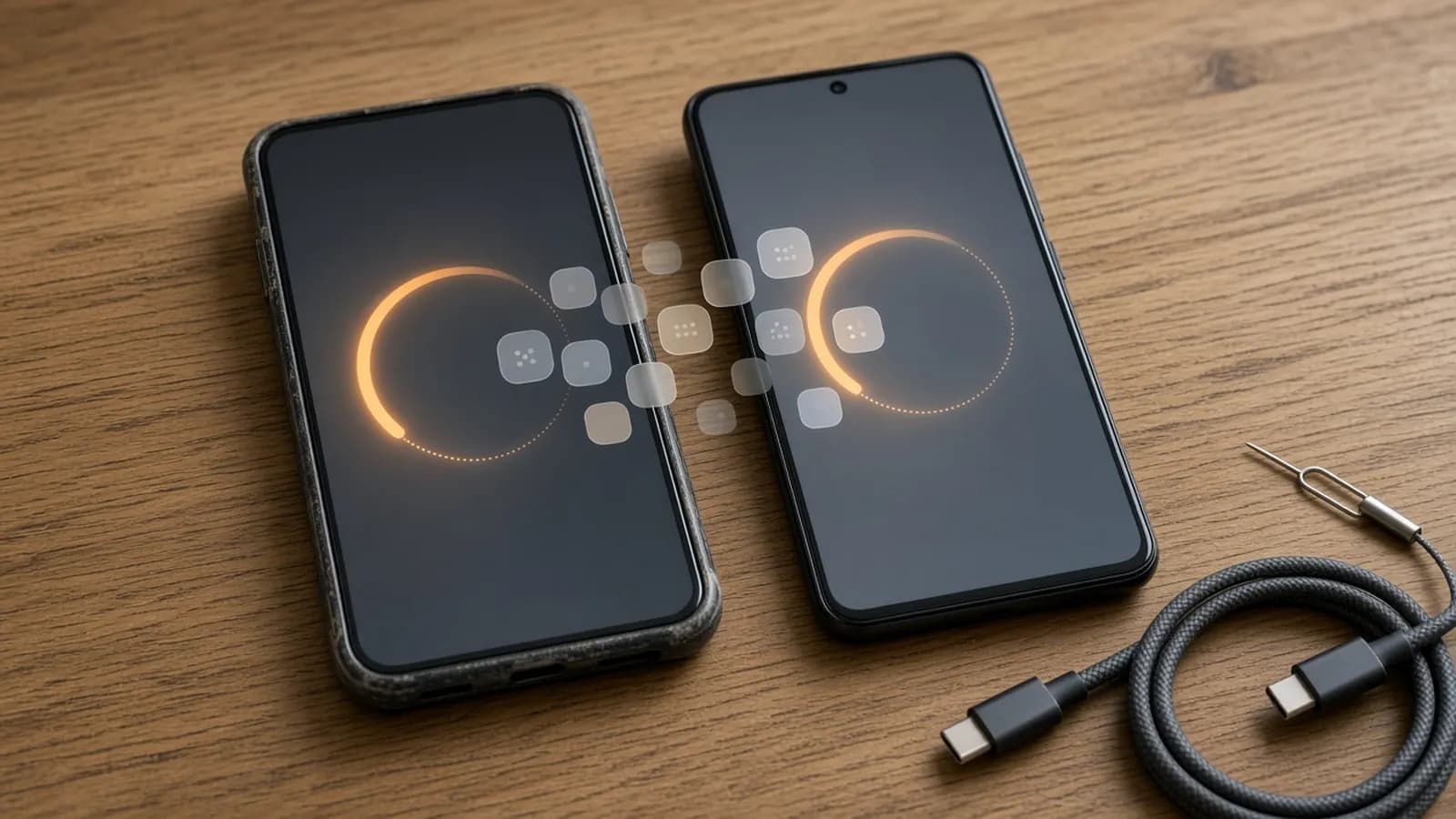 An older and a newer smartphone side by side on an oak table, both screens showing an amber transfer progress ring, with a USB-C cable and SIM tool nearby