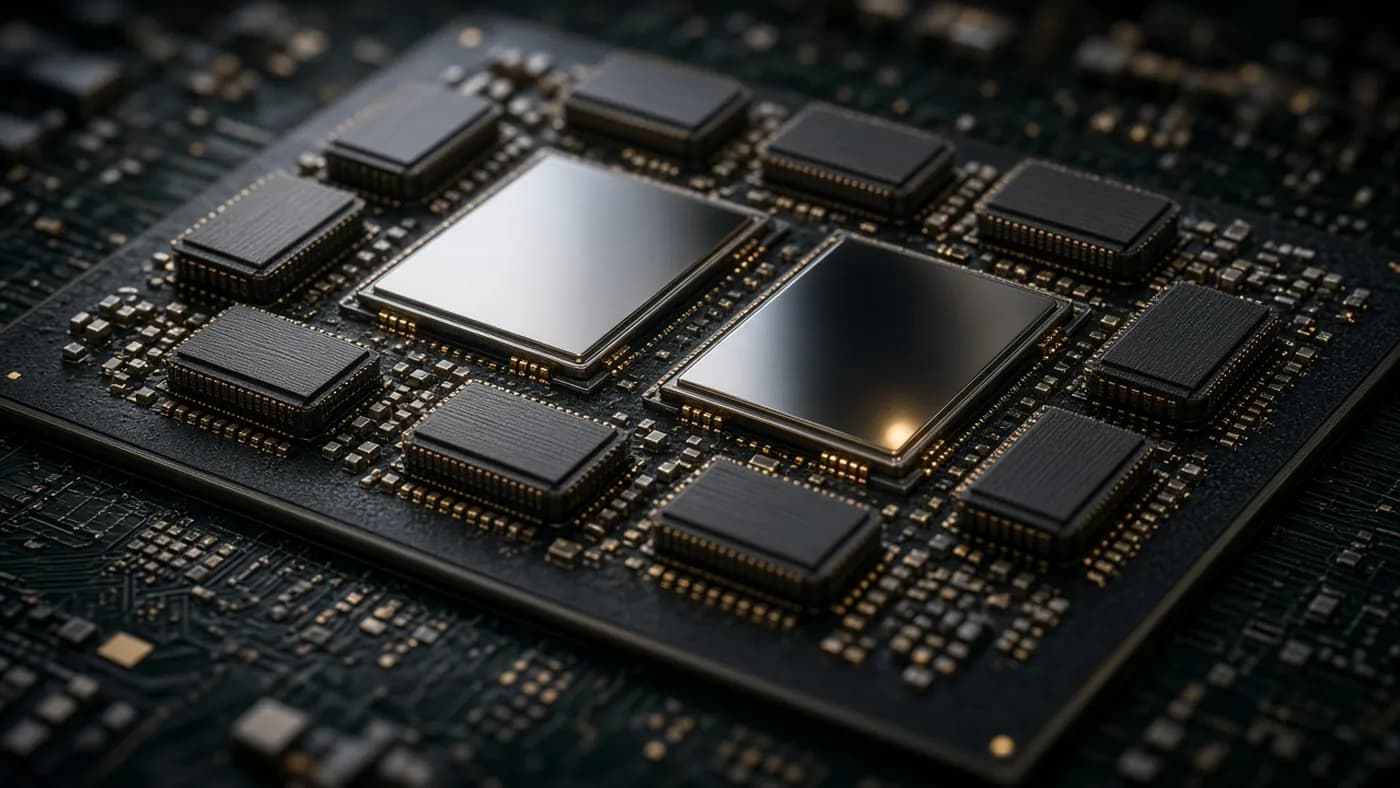 Macro view of an unbranded AI accelerator package with two large silicon dies surrounded by rectangular memory stacks on a dark circuit board