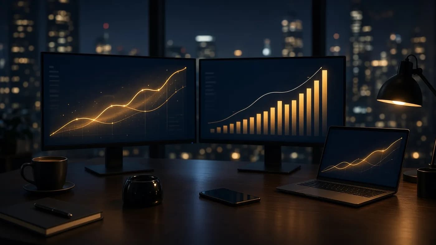 Two monitors and a laptop on a dark office desk at night showing abstract upward-trending glowing charts, with city lights behind the window