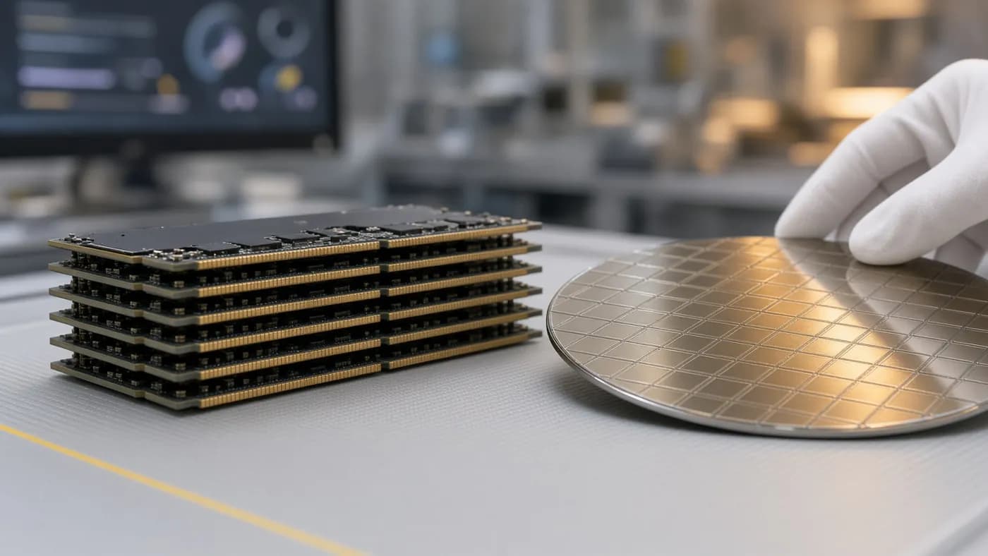 A stack of unbranded server memory modules beside a polished silicon wafer on a lab bench, with a gloved hand resting on the wafer