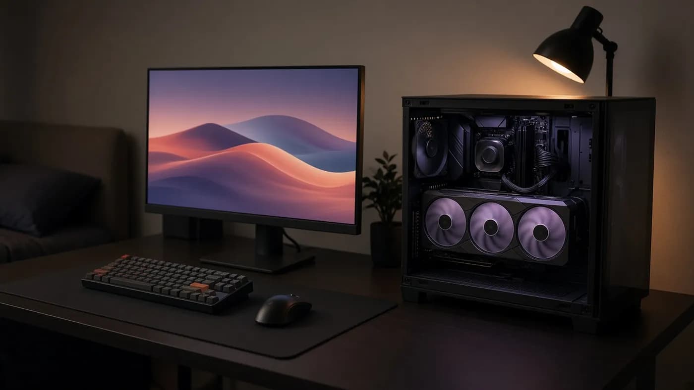 A home gaming PC in a dim room with a glass-sided tower showing a large triple-fan graphics card, a keyboard, mouse and a monitor displaying an abstract landscape