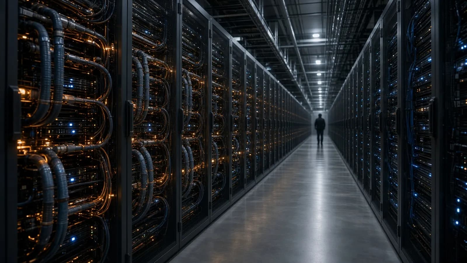A long data center aisle lined with liquid-cooled server racks glowing with amber and blue status lights, a lone technician silhouetted at the far end