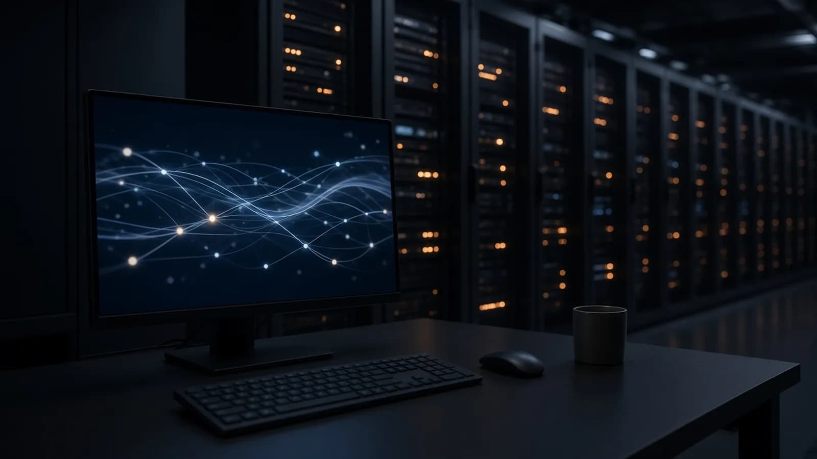 A dark data center with rows of server racks and a single monitor glowing with an abstract network of connected nodes